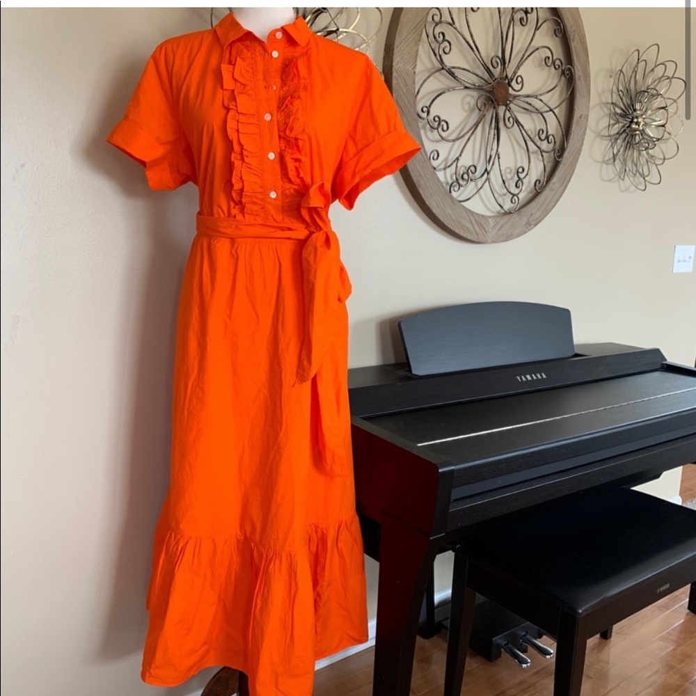 J. CREW Size 18 Gorgeous Orange Cotton Poplin Ruffled Hem Dress - Belt & Pockets
